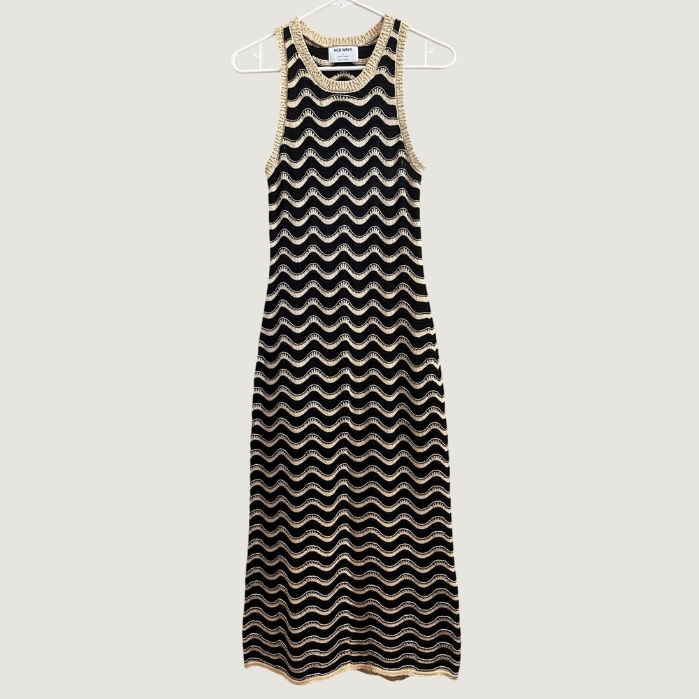 Old Navy Sweater Dress Womens Small Black Beige Wavy Knit Sleeveless Midi